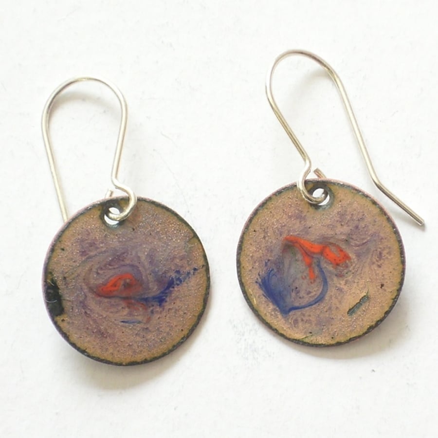 scrolled enamel earrings - round - red and blue