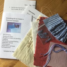 Beginners Smocking Kit to Create a Postcard Sampler, Claret and Blue