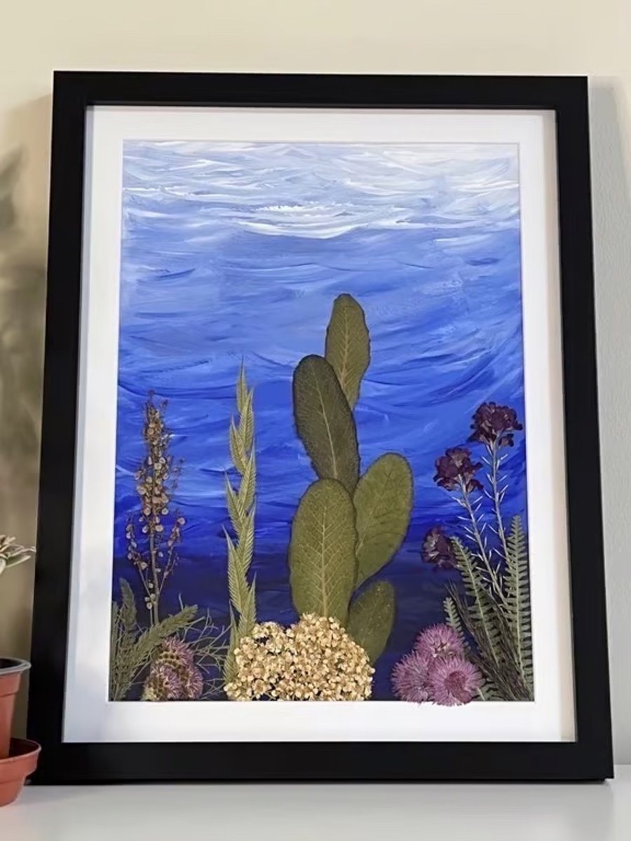 Original Mixed Media Acrylic Painting, 'Under the Sea', Pressed Framed Flowers