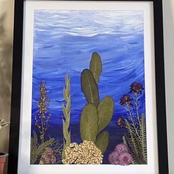 Original Acrylic Painting, 'Under the Sea', Pressed Flower and Foliage 