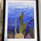 Original Acrylic Painting, 'Under the Sea', Pressed Flower and Foliage 