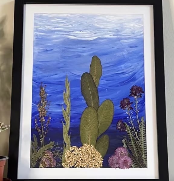 Original Acrylic Painting, 'Under the Sea', Pressed Flower and Foliage 