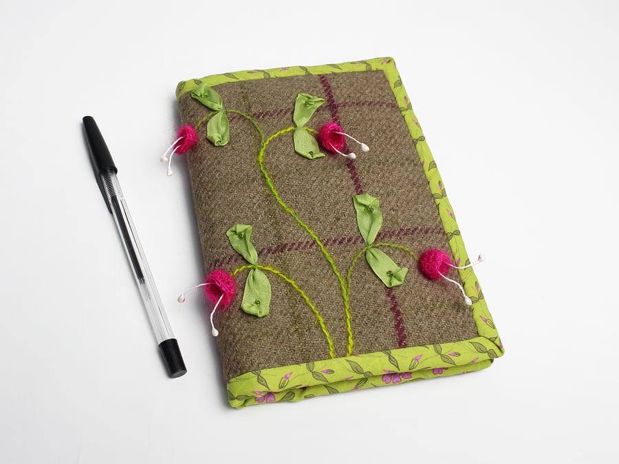 A6 notebook in brown check with fuchsia embroidery