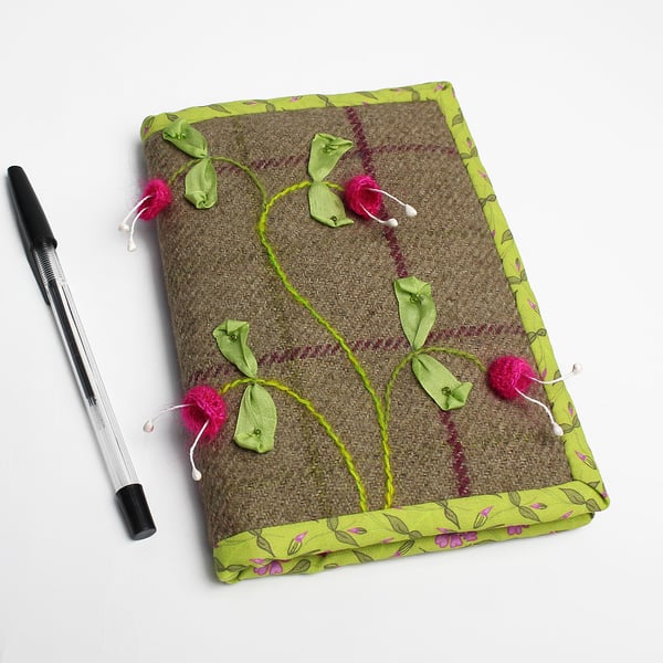 A6 notebook in brown check with fuchsia embroidery