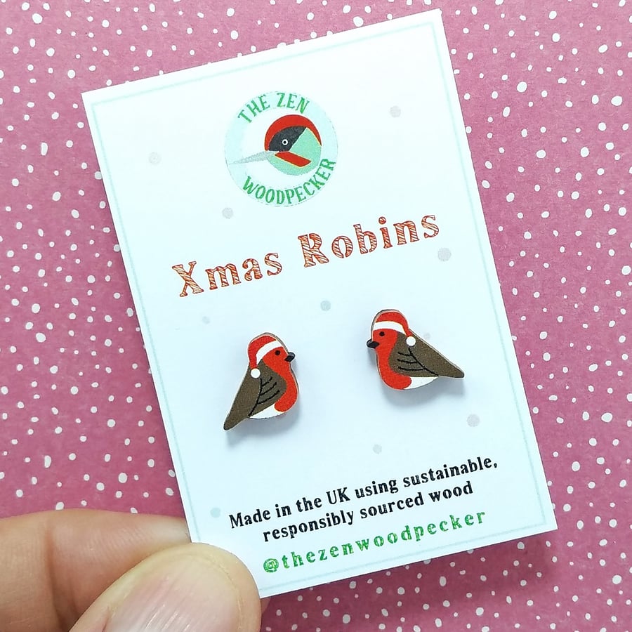 Christmas Robin Earrings, Xmas Studs, Silver Plated or Sterling Silver Backs