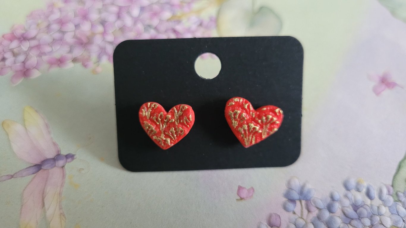 Handmade Polymer Clay Red & Gold Heart Stud Earrings, 316 Stainless Steel