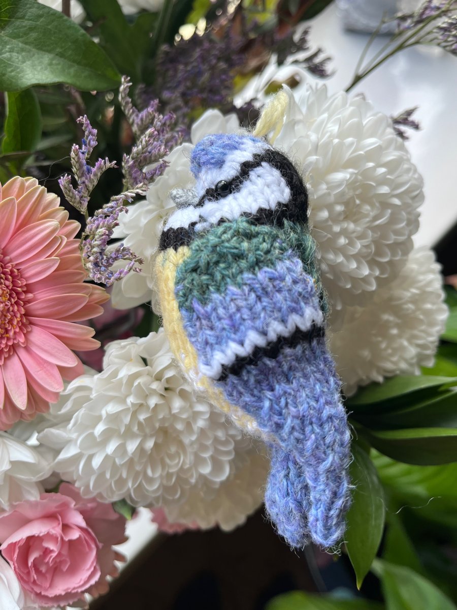 Blue tit bird tree decoration hand knit 