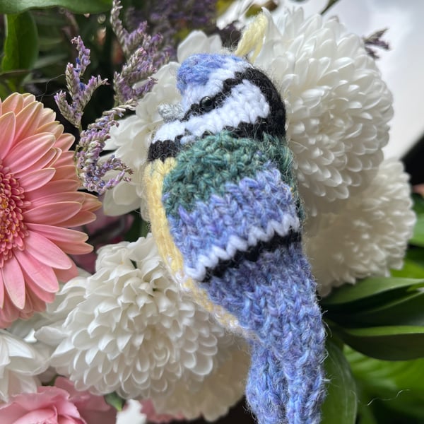 Blue tit bird tree decoration hand knit 