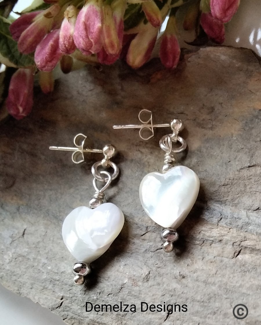 Mother Of Pearl Heart Cut Stud Earrings Silver Plated