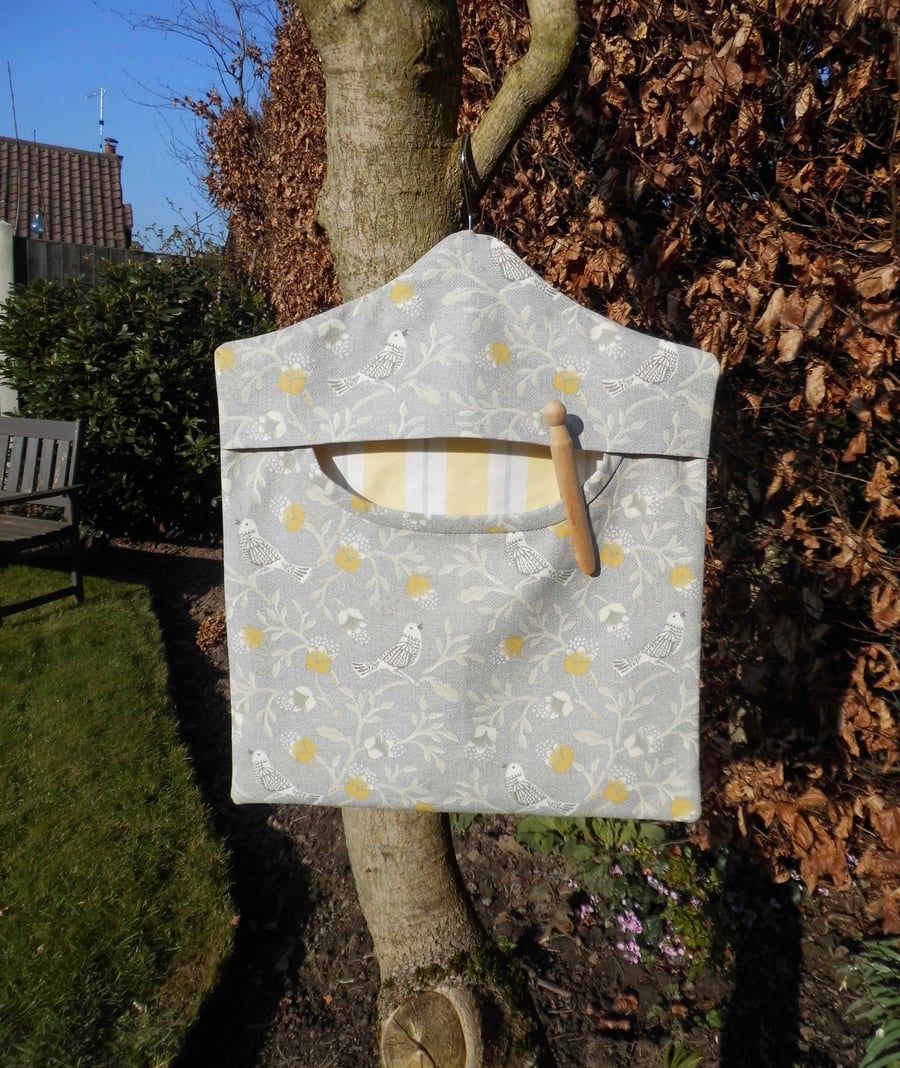 Peg bag in grey and yellow bird print fabric 