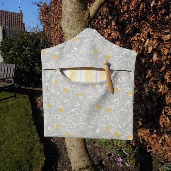 Peg bag in grey and yellow bird print fabric 