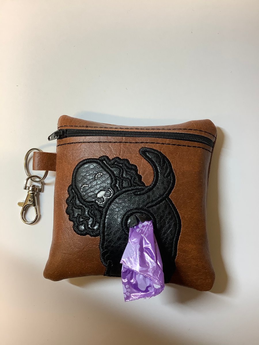 Black  Spaniel on Embroidered Brown faux leather dog poo bag ,dog walking,
