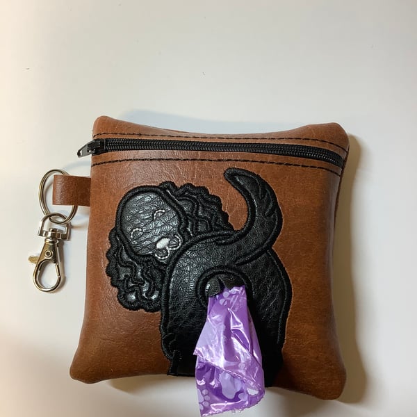 Black  Spaniel on Embroidered Brown faux leather dog poo bag ,dog walking,