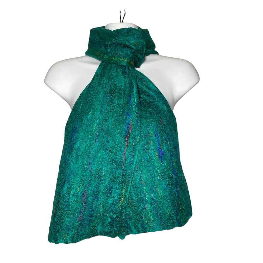 Scarf, jade coloured felted merino wool and silk scarf