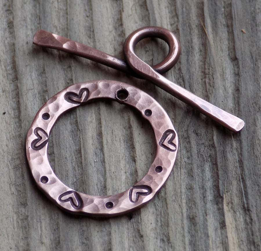 Rustic stamped copper washer toggle clasp