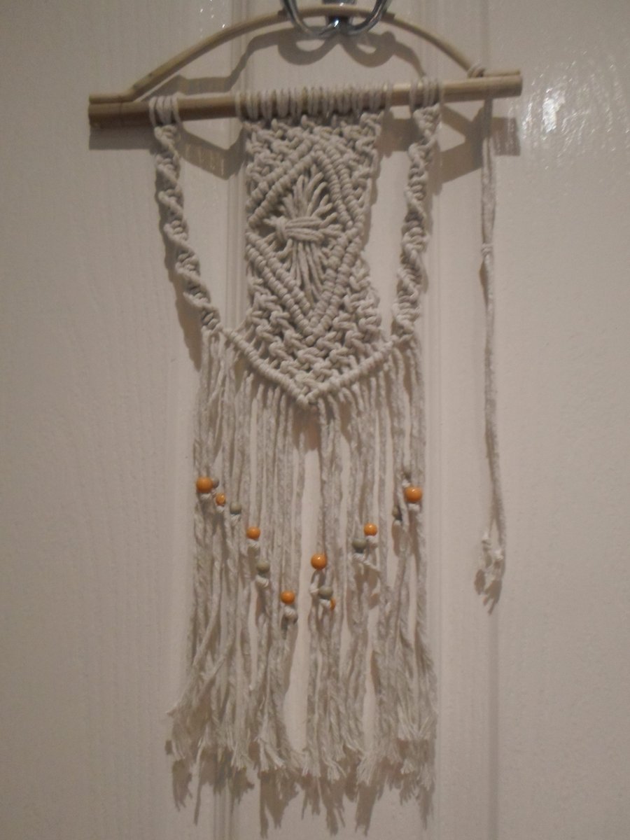 FRINGED AND BEADED MACRAME WALL HANGING ON BAMBOO HANGER 37 L X 20 W (HANDLE)