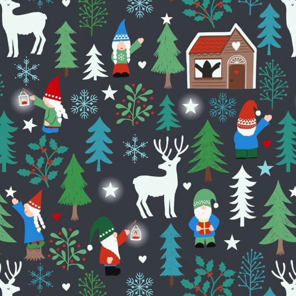 0.5m Glow in the Dark Tomte Forest Lewis and Irene 100% Cotton Fabric