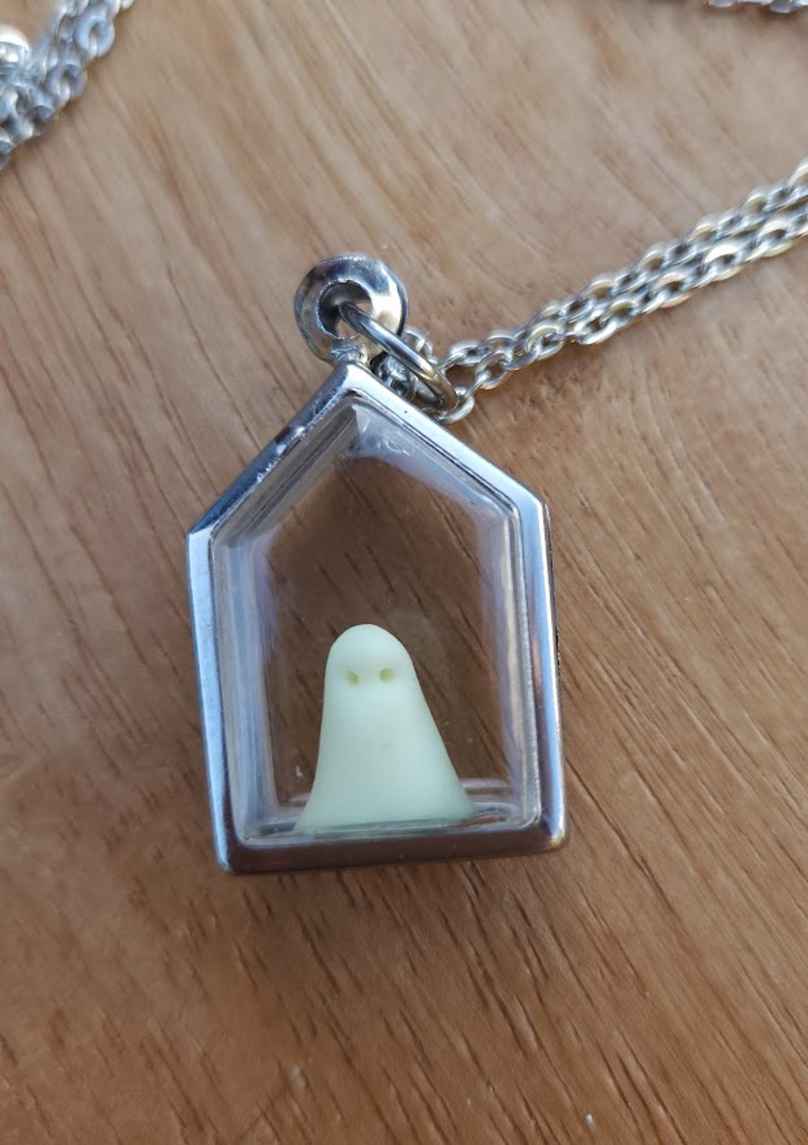 Haunted House necklace Glow in the dark Polymer Clay ghostie ghost in stainless 