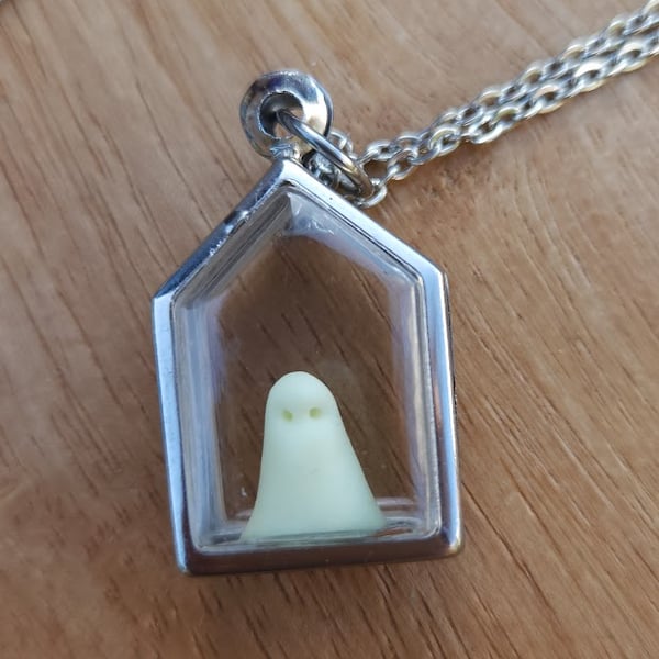 Haunted House necklace Glow in the dark Polymer Clay ghostie ghost in stainless 