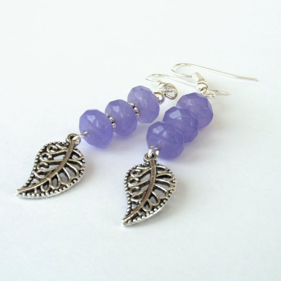Dangly purple jade earrings with leaf charm, ideal birthday gift