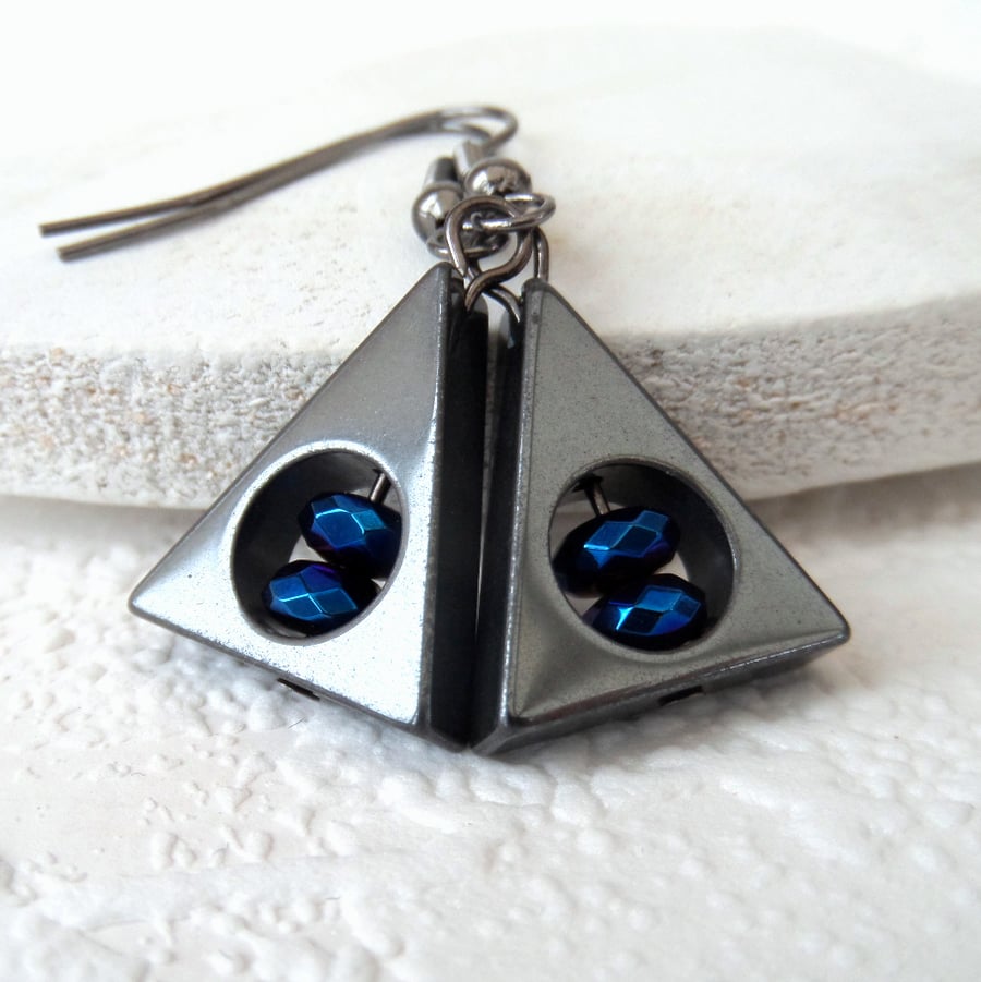 Hematite and metallic blue crystal triangular earrings