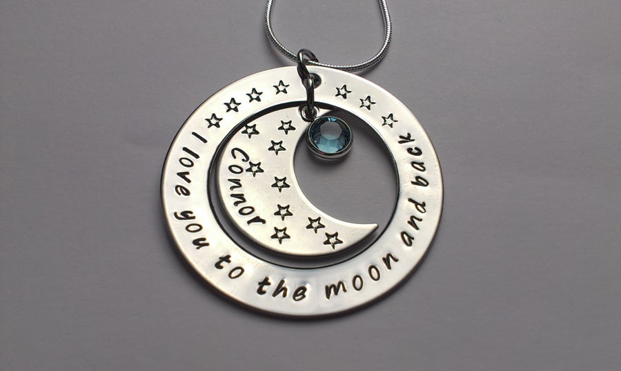 I love you to the moon and back hand stamped personalised necklace