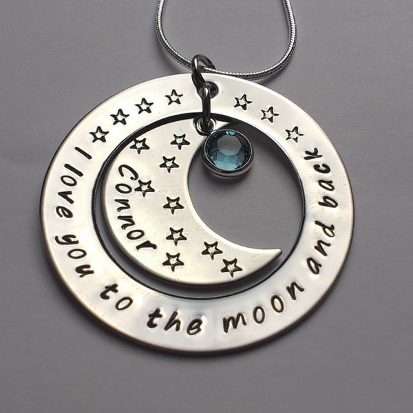 I love you to the moon and back hand stamped personalised necklace