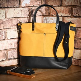 Mustard yellow canvas and leather everyday crossbody bag