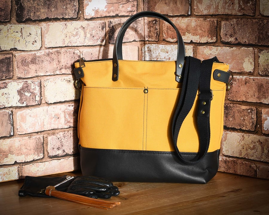 Mustard yellow canvas and leather everyday crossbody bag