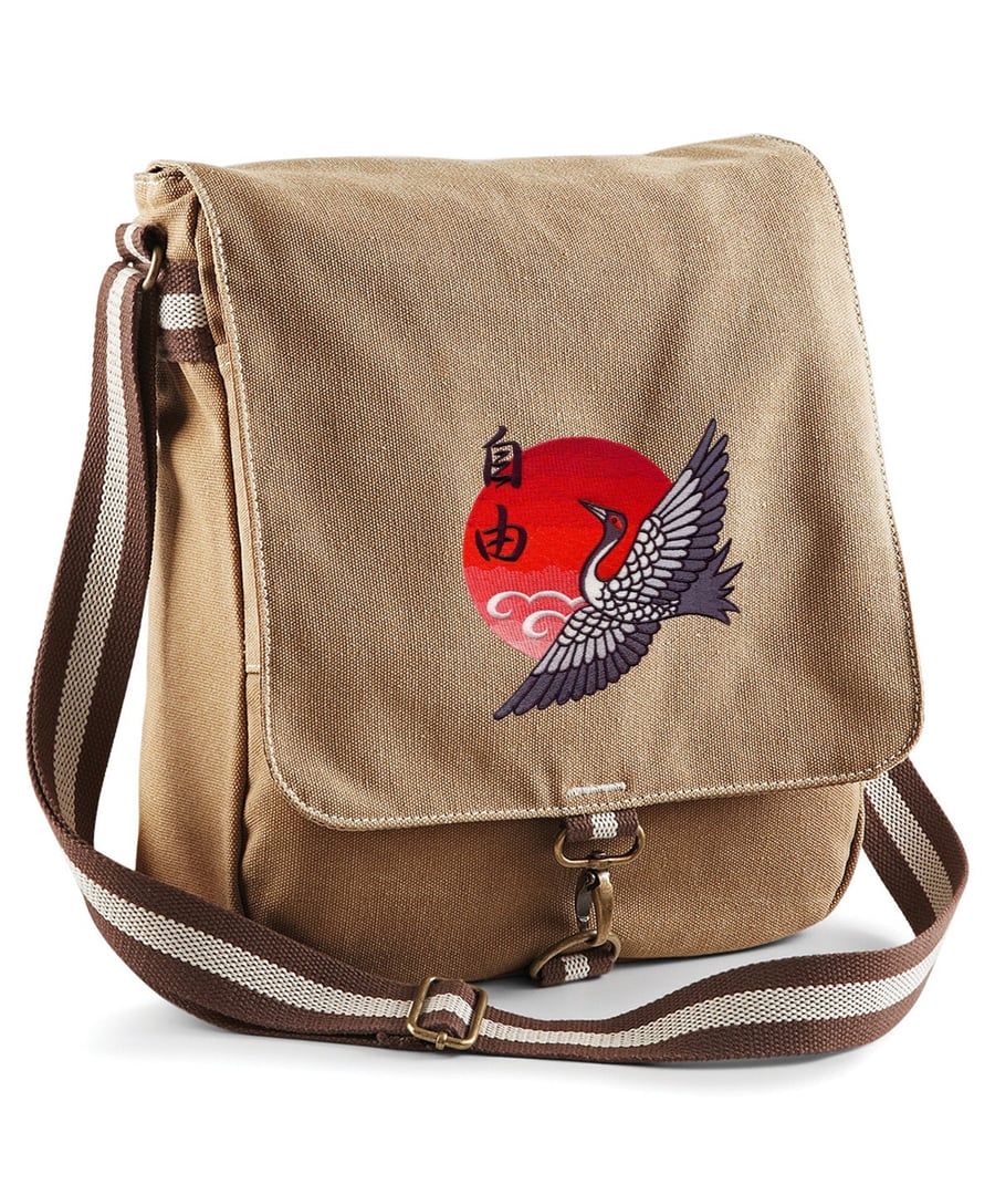 Japanese Crane Sunset Embroidered Canvas Field Bag