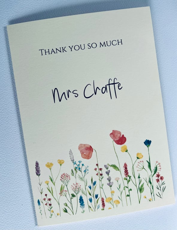 Large A5 Thank you card personalised white texture with floral wildflower border