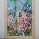 Original acrylic abstract floral painting on canvas panel in soft wood frame