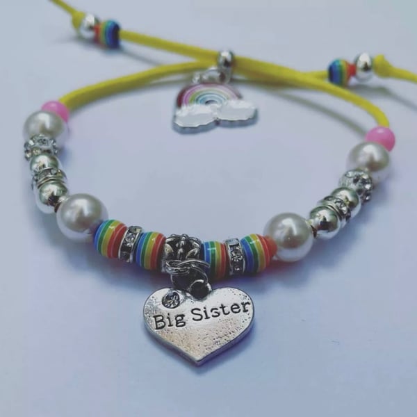 Big sister suede effect yellow corded bracelet rainbow charm bracelet 