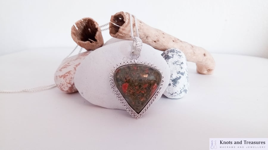 Unakite Stone Pendant on Sterling Silver Necklace