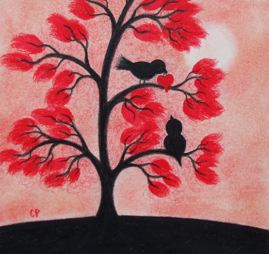 Valentines Card, Love Birds Red Tree Card, Romantic Valentine For Her, Heart