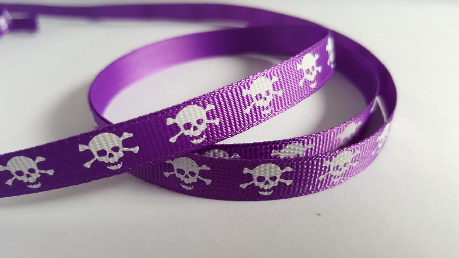 3m Ribbon - Printed Grosgrain - 9mm - Skull & Crossbones - Purple 
