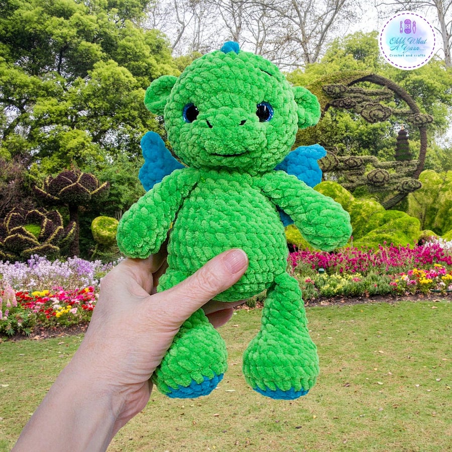 Crochet bright green dragon soft toy. Dragon plushie. Dragon toy. UKCA tested.