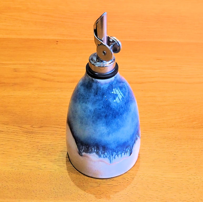 Oil or vinegar drizzler, blue glaze homemade pottery