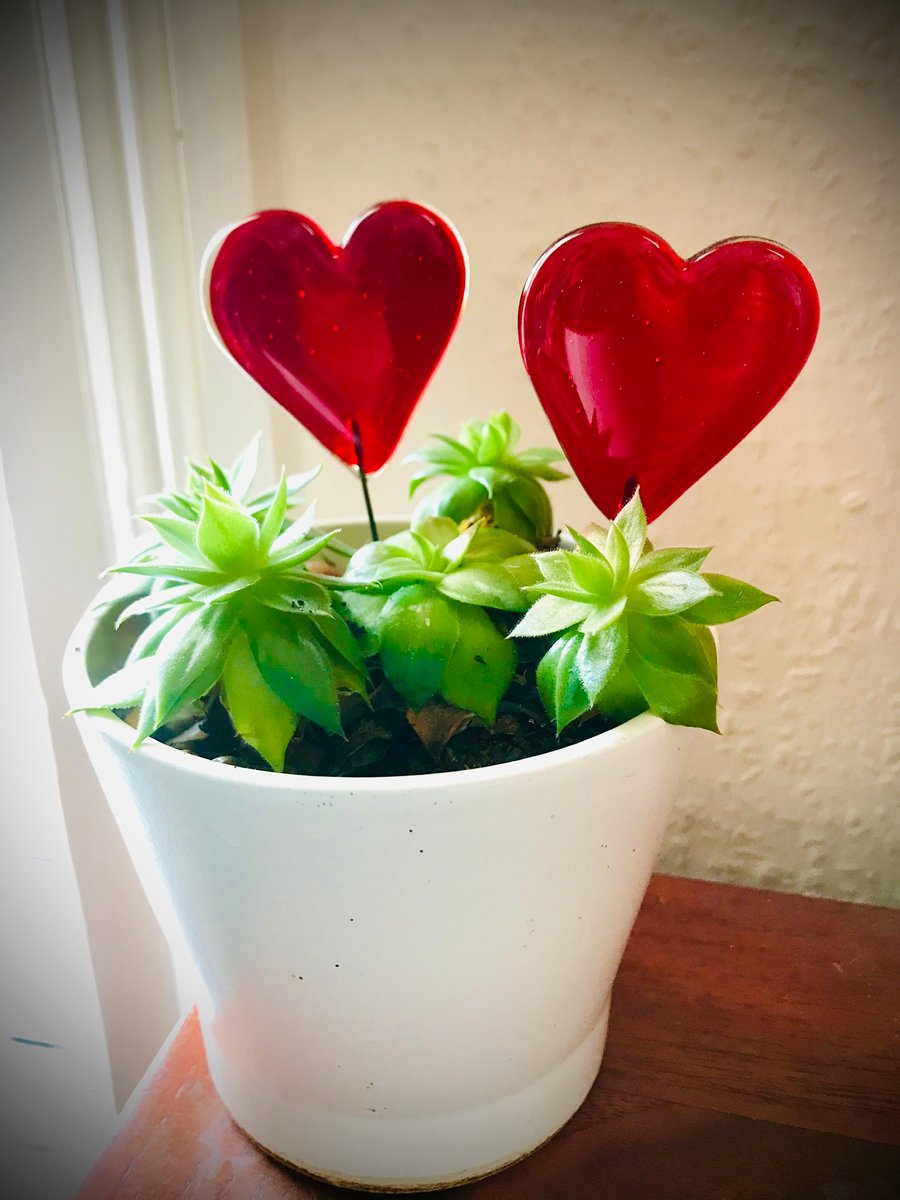 Handmade fused glass love heart decoration garden plant pot stake 