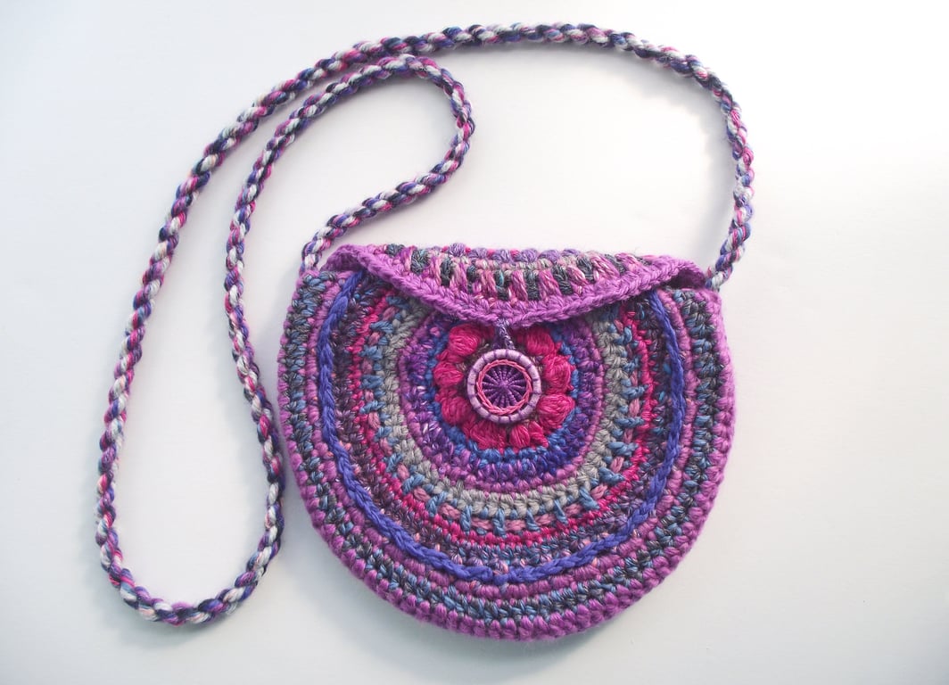Crossbody Bag, Circular Crochet, Handspun Wool, Purple, Pink, Blue & Grey 