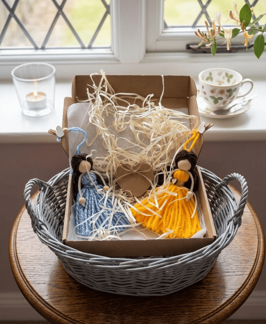 Guardian Angel Duo - Blue & Yellow Macrame Keepsake - Handmade Gift UK