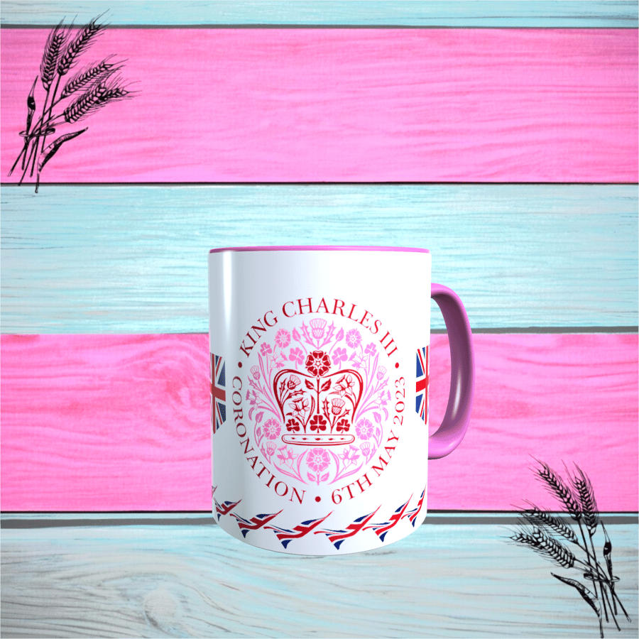King Charles III Unique Coronation Mug, Pink Handle & Inner Mug