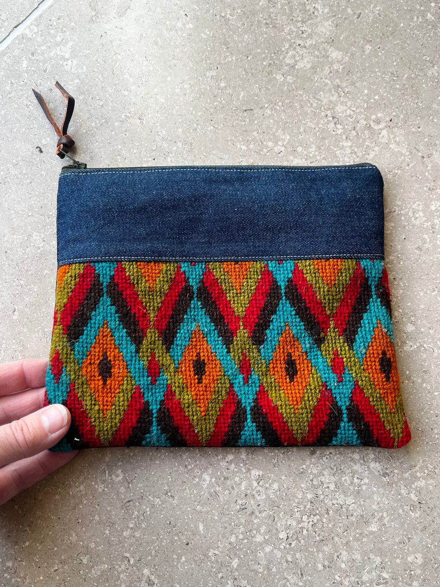 Repurposed tapestry and denim pouch