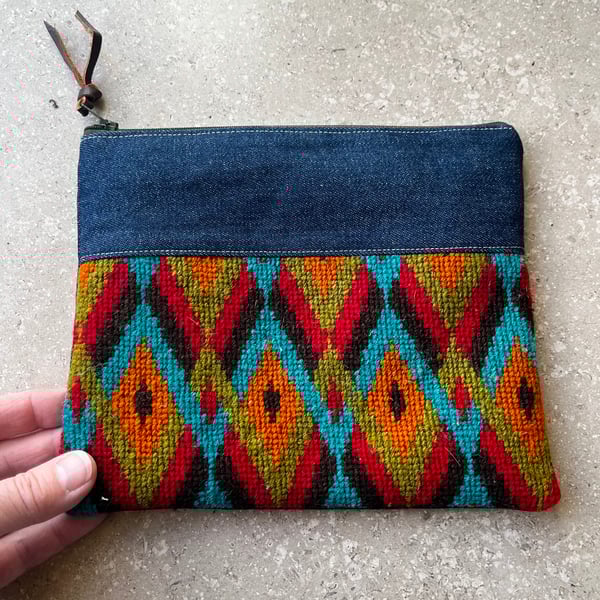 Repurposed tapestry and denim pouch