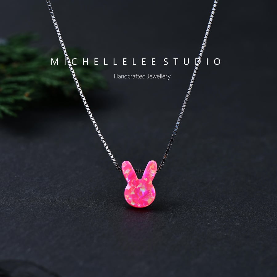 Pink Rabbit Opal Necklace With 925 Sterling Silver Chain