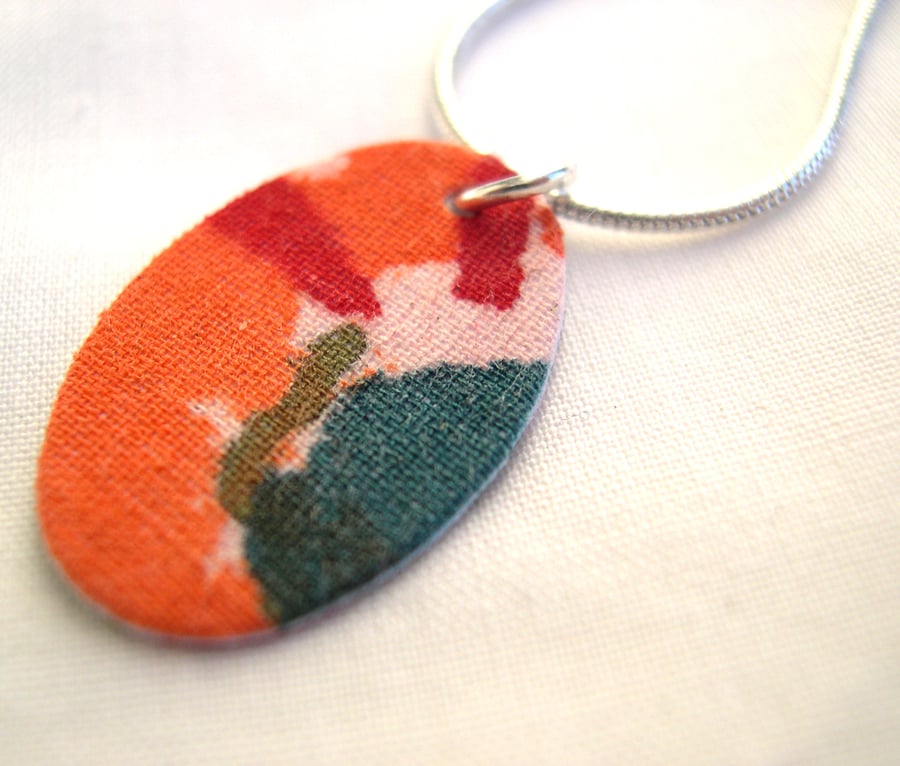 Red Orange  Abstract Hardened Fabric Oval Pendant  Necklace 