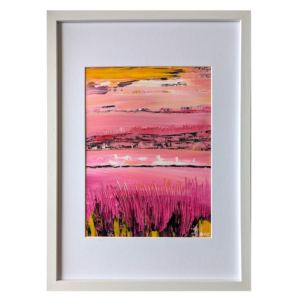 'Warm Pink Landscape' Vividly Coloured Original A4 Framed Painting