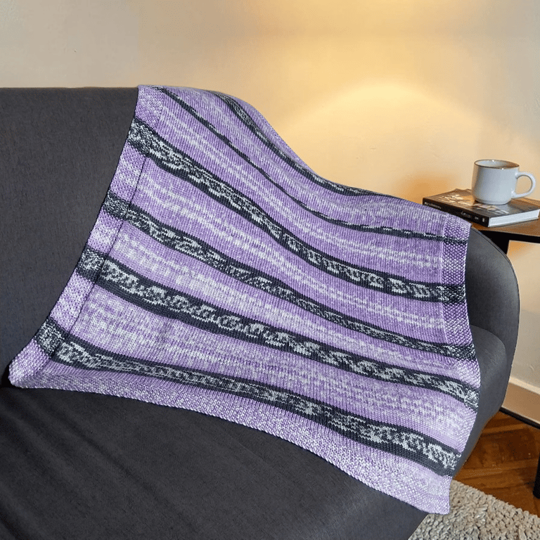Hand Knitted Baby Blanket Lavender Grey Fair Isle Pram Blanket