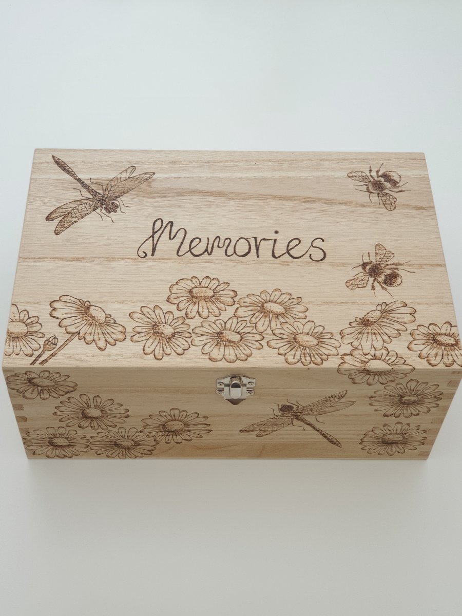 Wooden memory box with pyrography dragonflies bees and daisies