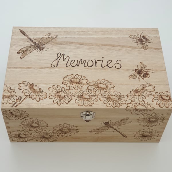 Wooden memory box with pyrography dragonflies b... - Folksy